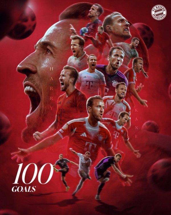 104场100球！拜仁发布凯恩百球海报：多么可怕的怪物，哈里 🙌