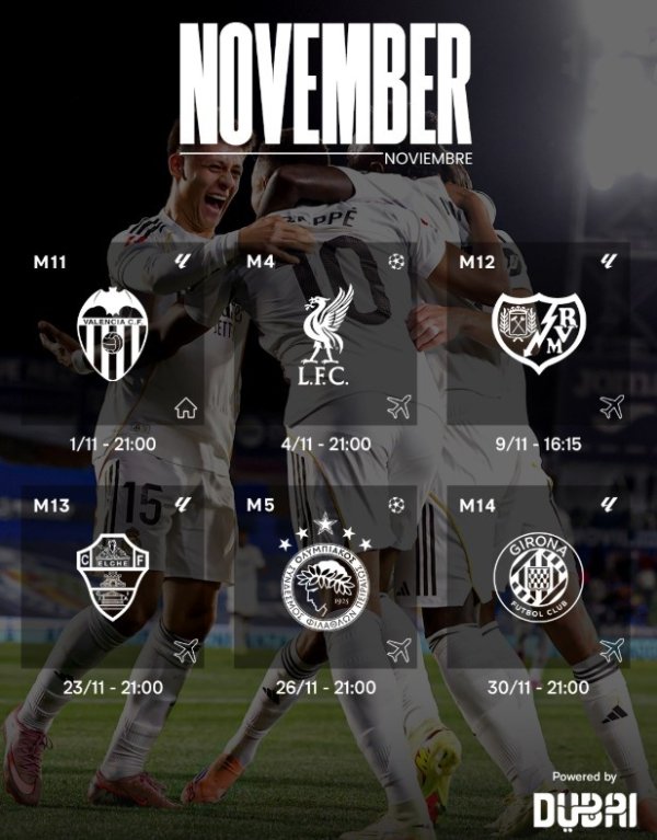 皇马官方晒11月赛程：主场战瓦伦西亚后将迎5连客，含客战利物浦